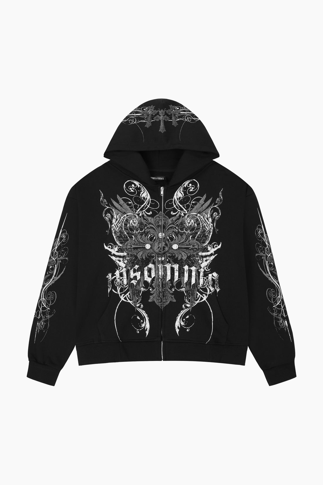 Black Crux Hoodie laid flat, front view showing the white gothic Insomnia graphic