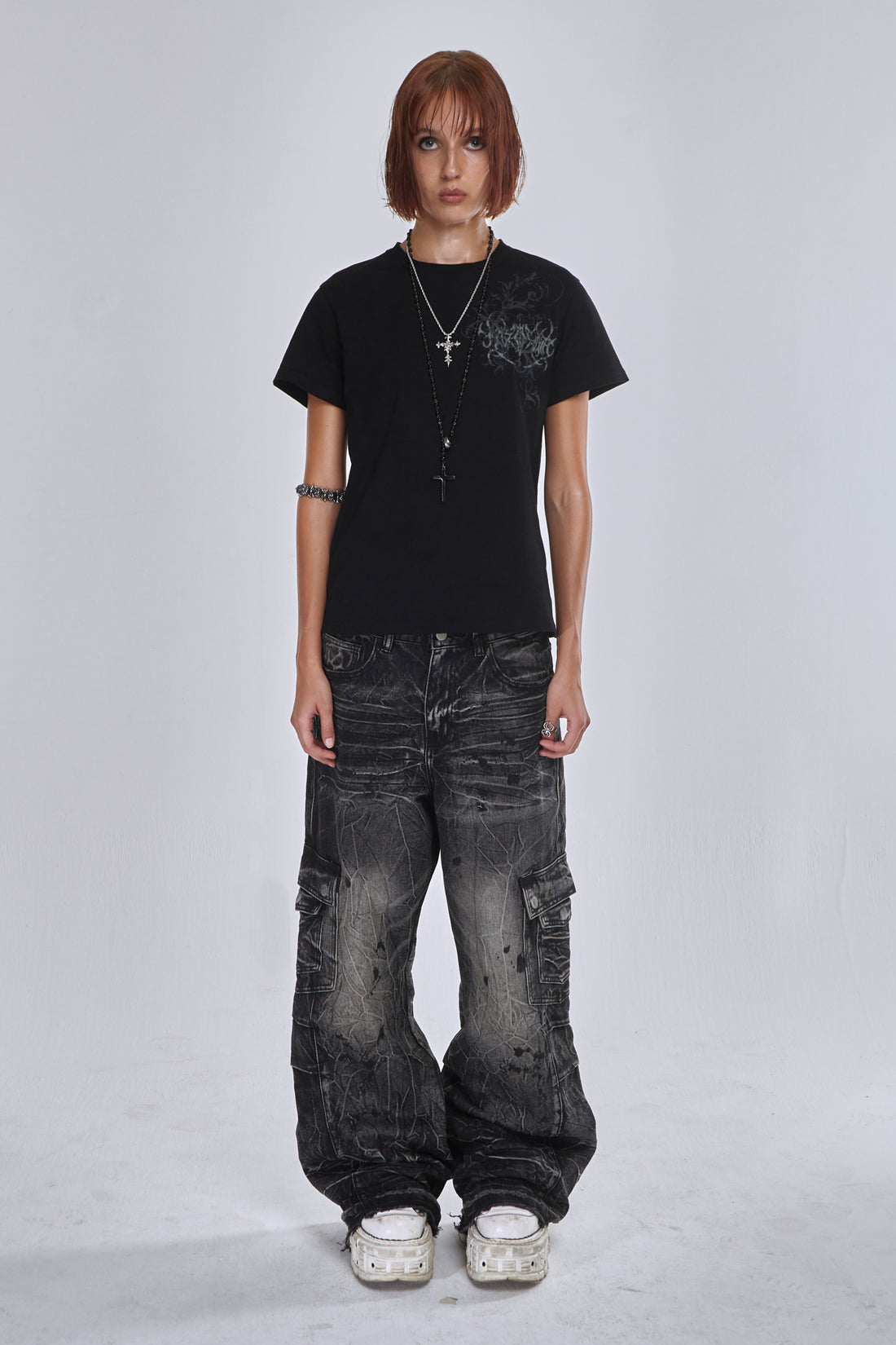 Model wearing the Fractured Denim with a black tee and white sneakers, full-length front view