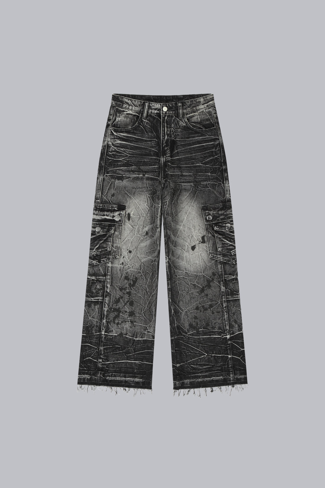 Fractured Denim laid flat, front view, washed black with cargo pockets and frayed hems