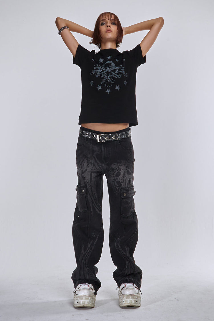 Full-length view of the Destroyer Denim styled with a cropped black tee and white sneakers