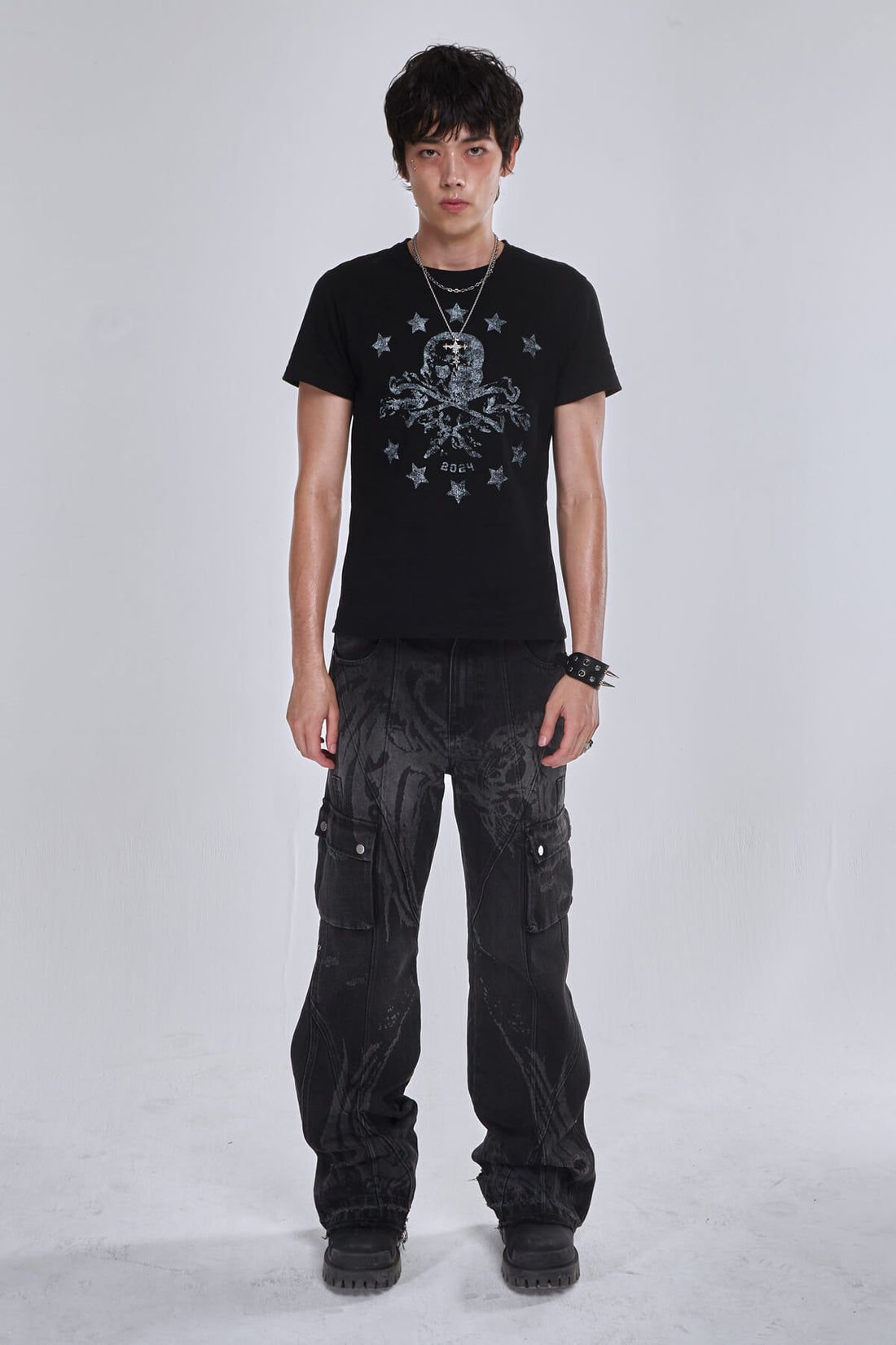 Full-length front view of the Destroyer Denim with a black skull graphic tee
