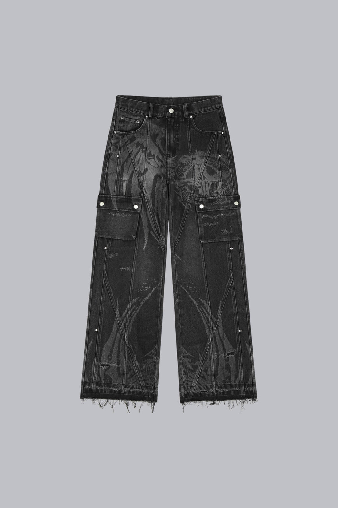 Front of the Destroyer Denim laid flat, showing the faded flame wash and cargo pockets