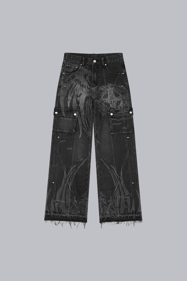 Front of the Destroyer Denim laid flat, showing the faded flame wash and cargo pockets