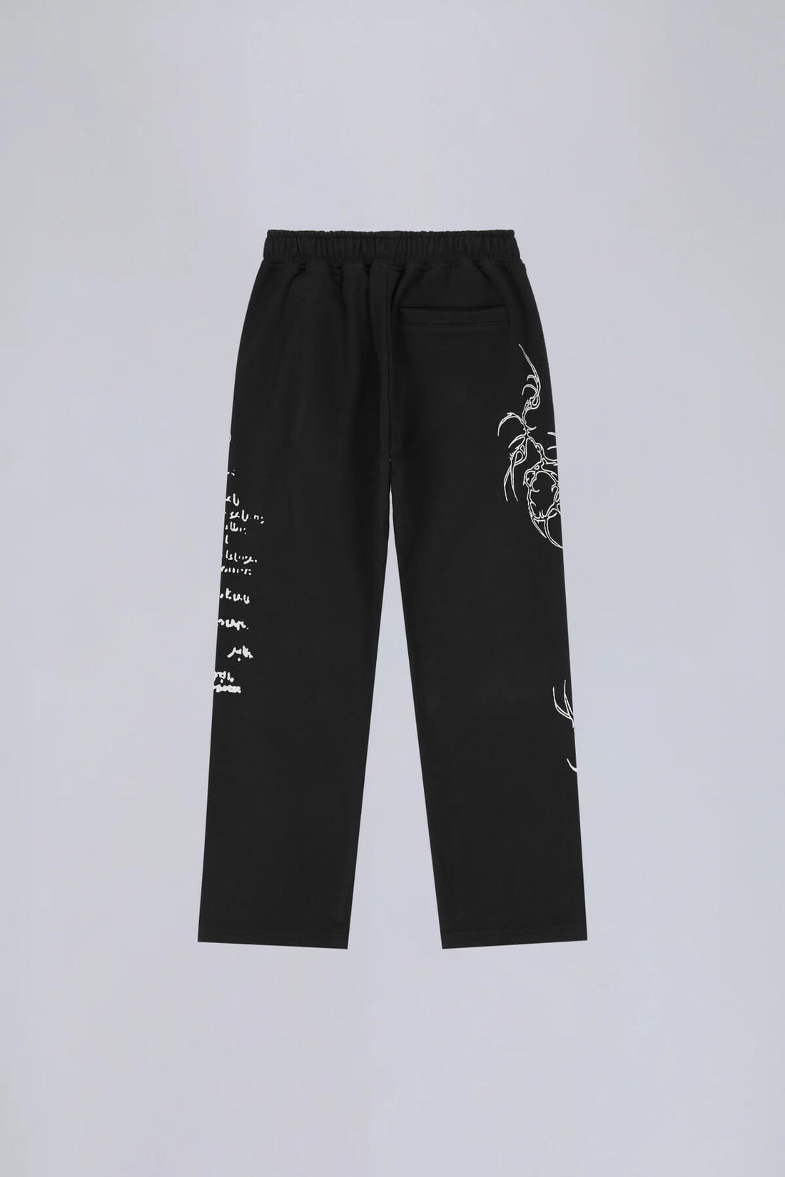 Sigil Sweatpants laid flat, back view, with embroidery down both legs