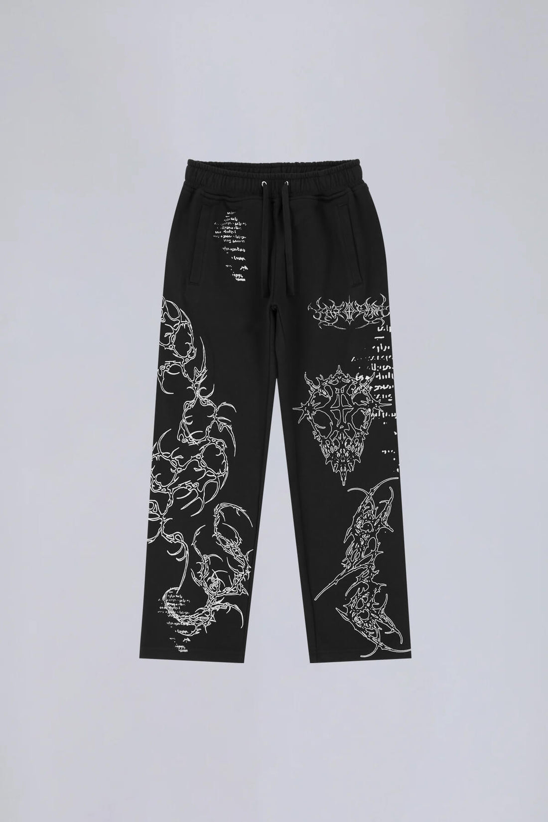 Sigil Sweatpants laid flat, front view, black with silver tribal and gothic script embroidery