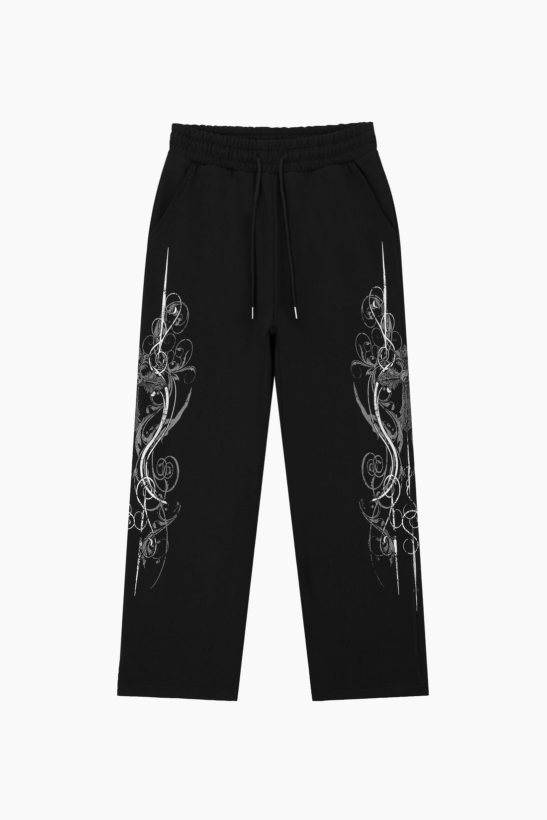 Black Crux Sweatpants laid flat, front view, with drawstring waist and silver ornate print