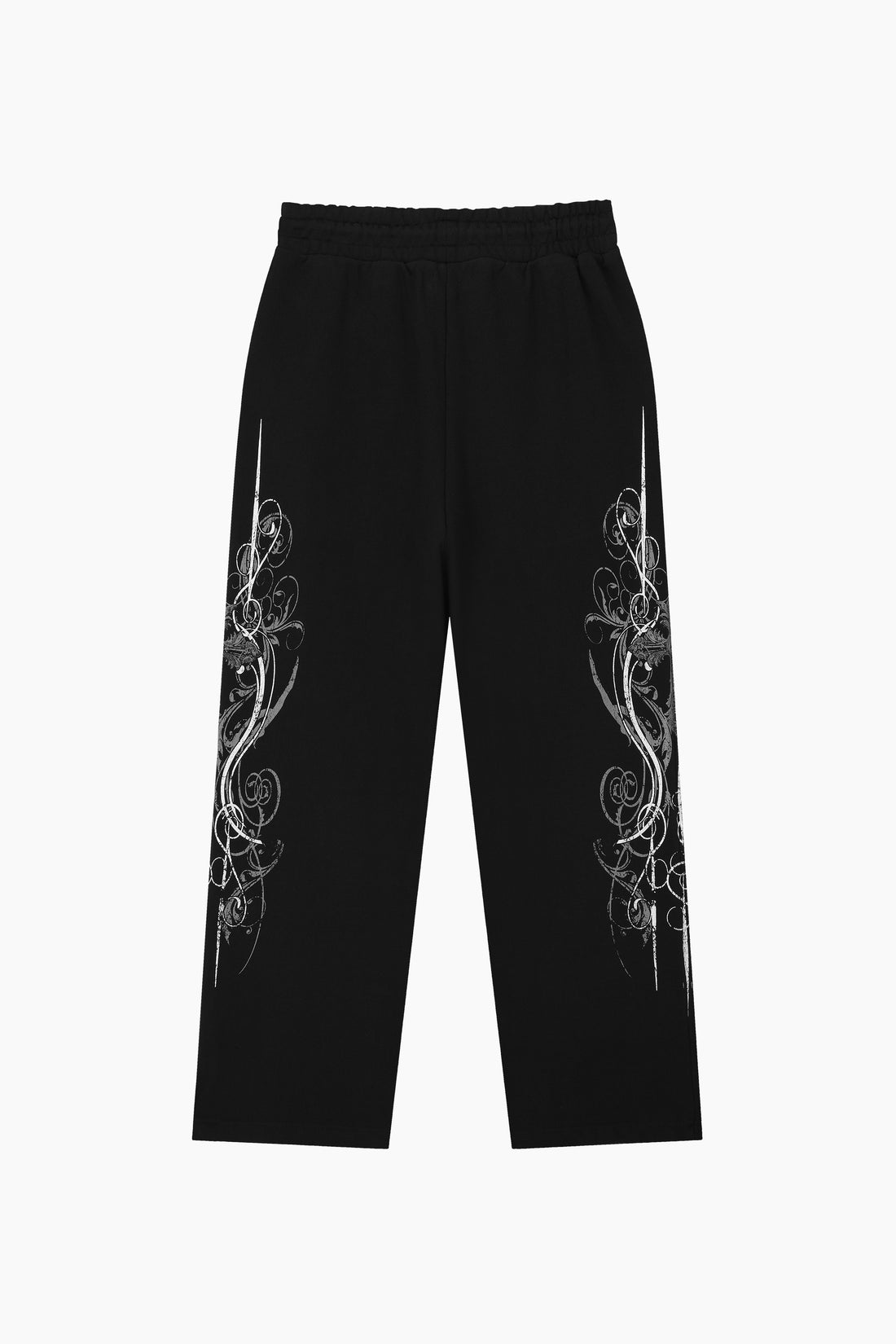 Black Crux Sweatpants laid flat, back view, showing the silver ornate print on each leg