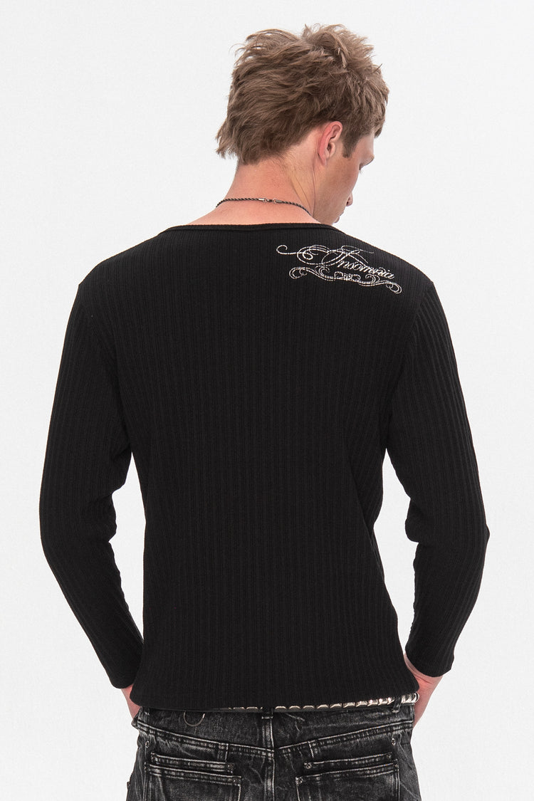 Back view of the black Moon Ribbed Long Sleeve with embroidered script logo at the shoulder