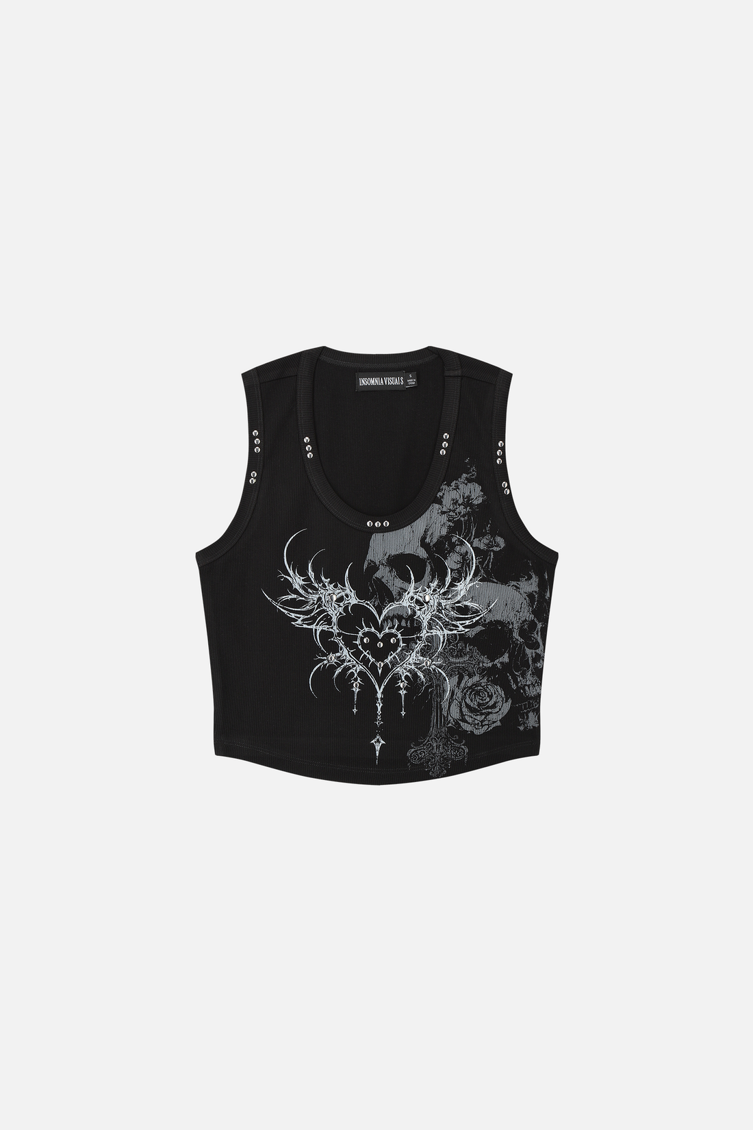 Black Sigil Tank laid flat, showing the grey heart sigil print and studded straps