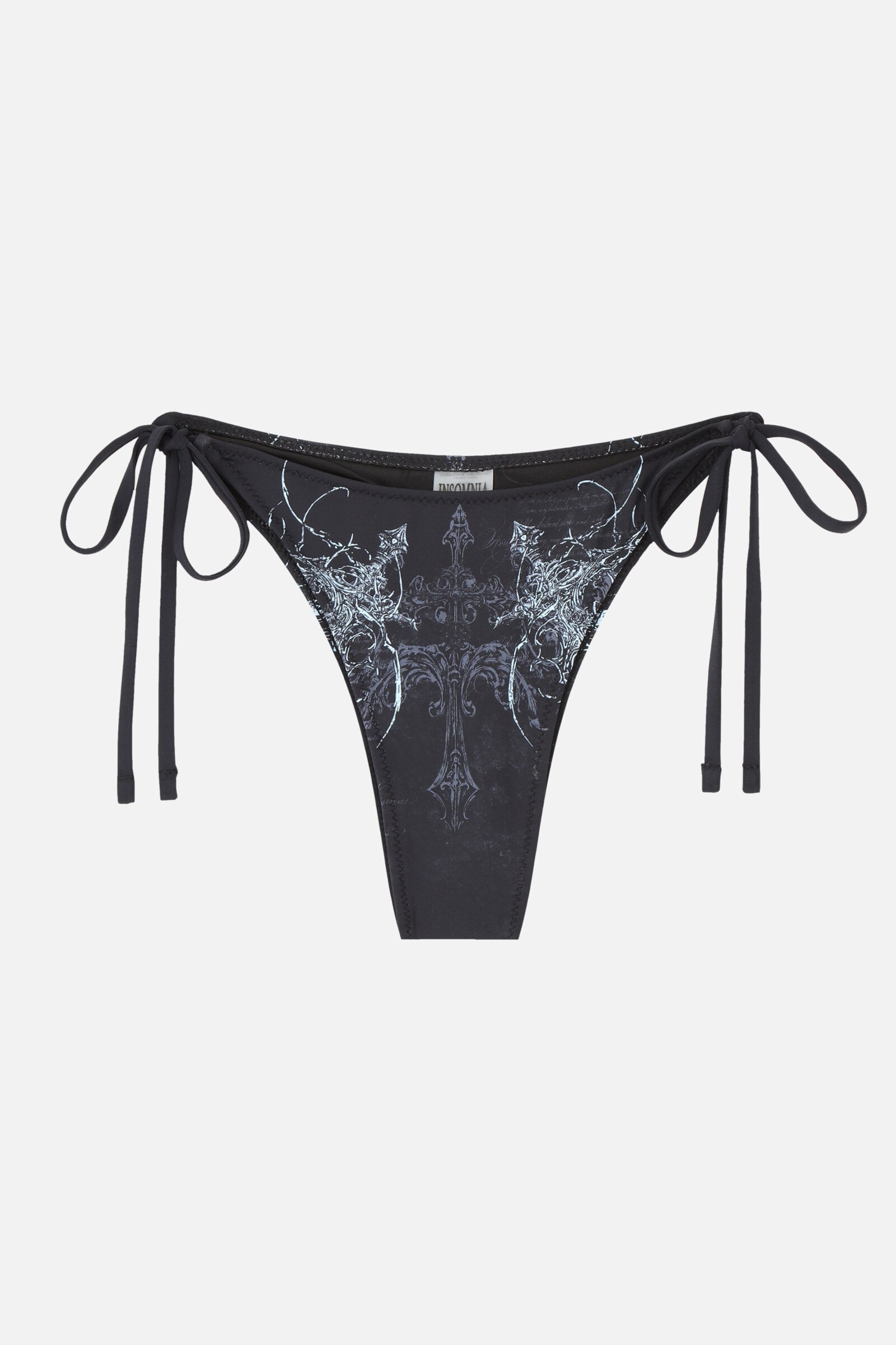 Blade Bikini Bottom - black gothic cross print tie-side bottom, flat lay