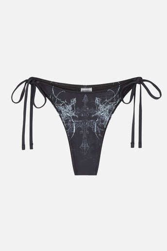 Blade Bikini Bottom - black gothic cross print tie-side bottom, flat lay