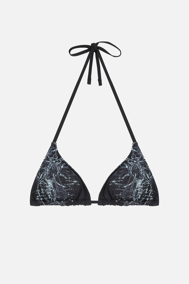 Blade Bikini Top laid flat, black triangle halter with silver-gray abstract print