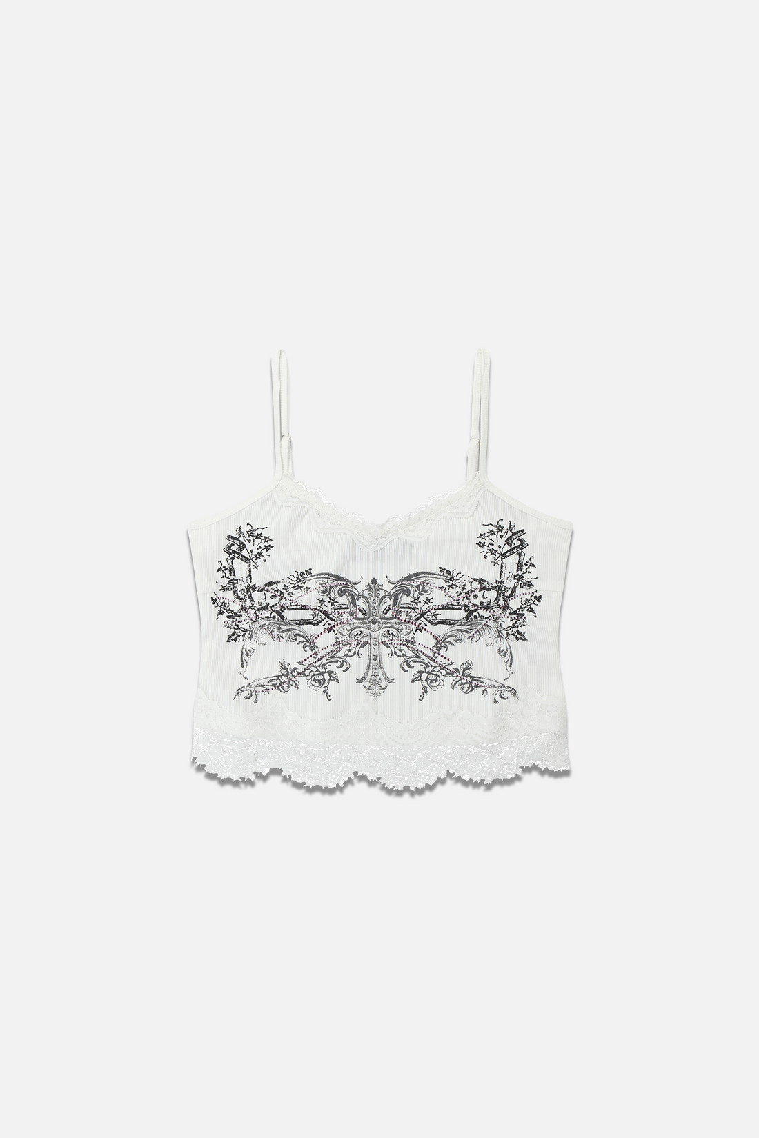 White Blessed Cami Top laid flat, showing the grey ornate print and scalloped lace trim