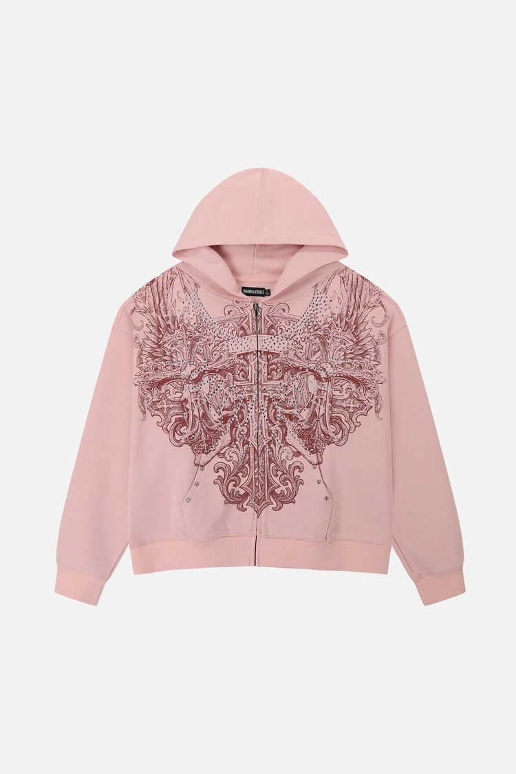 Front of the pink Bonnie Hoodie laid flat, with burgundy ornate graphic and silver zip