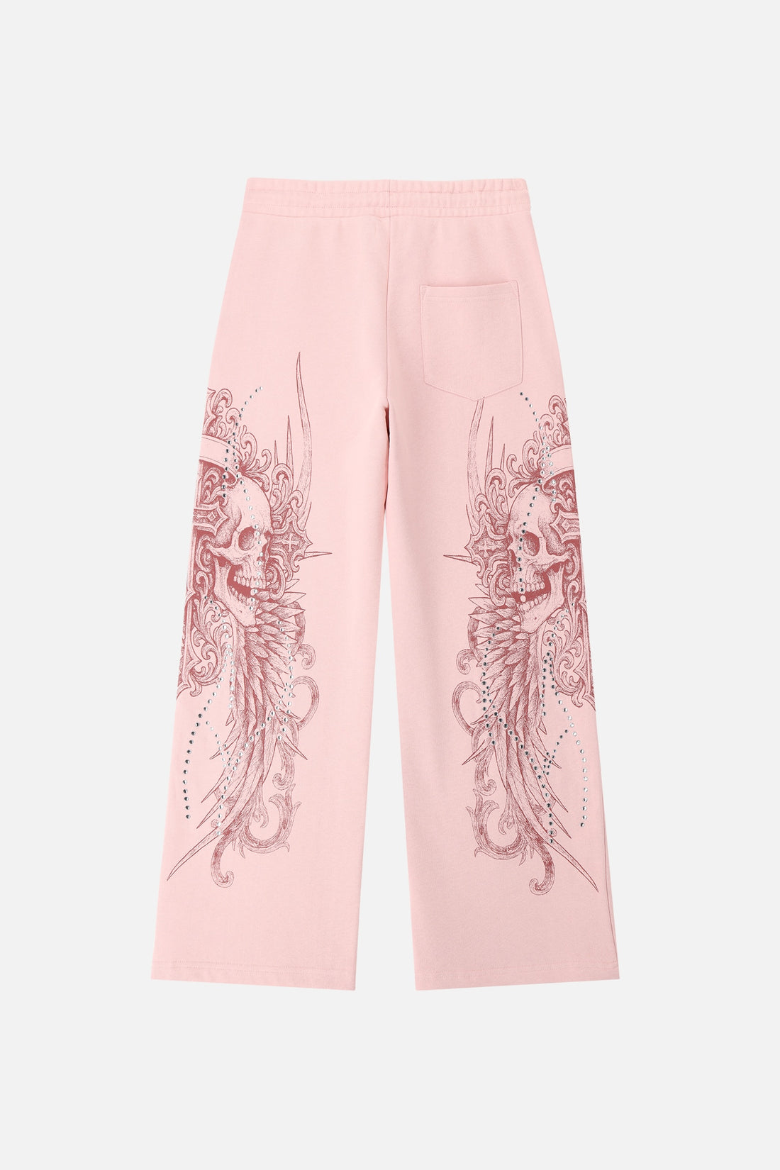 Back of the pink Bonnie Sweatpants laid flat, with printed legs and back pocket