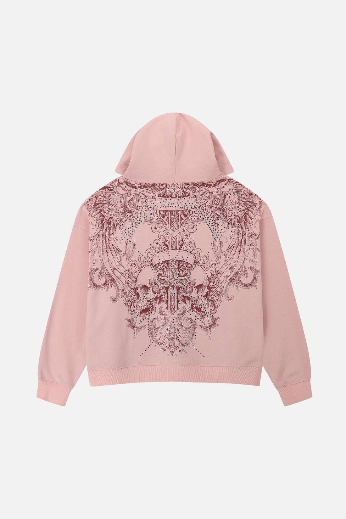 Back of the pink Bonnie Hoodie laid flat, with winged skull and cross print