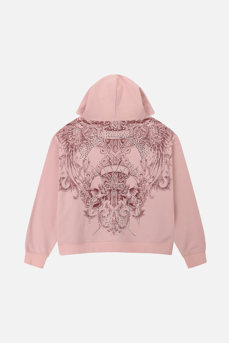 Back of the pink Bonnie Hoodie laid flat, with winged skull and cross print
