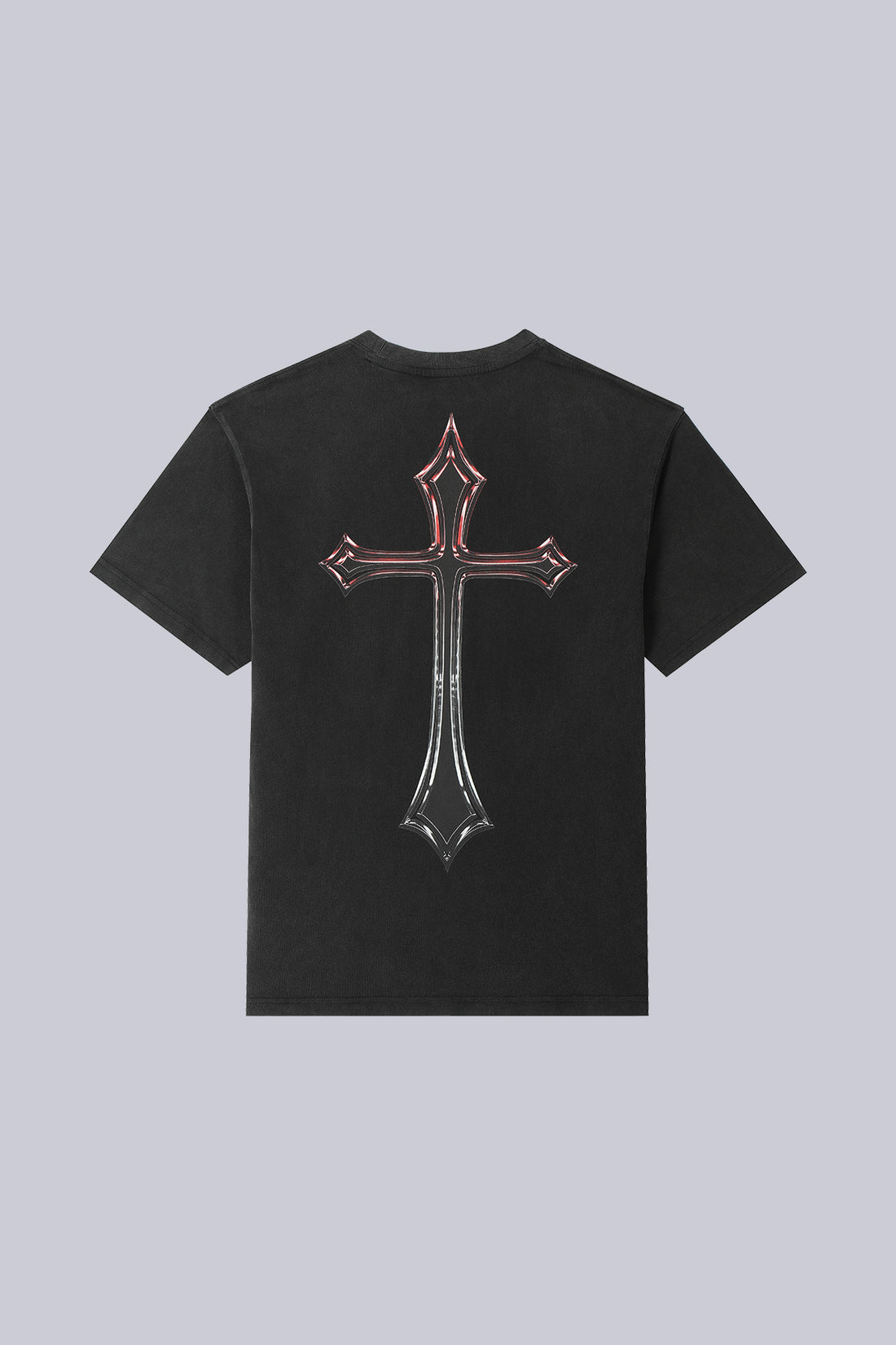 Back of the washed black Cross Tee laid flat, with large red and chrome cross