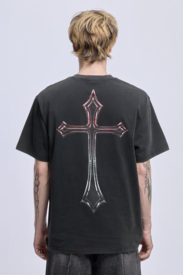 Back view of the washed black Cross Tee on model, showing the large chrome cross print