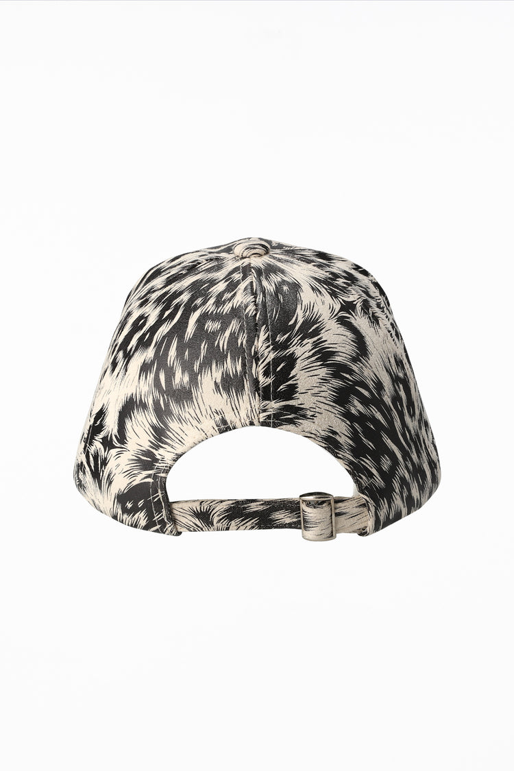 Back of the White Cheetah Cap with adjustable strap and metal buckle
