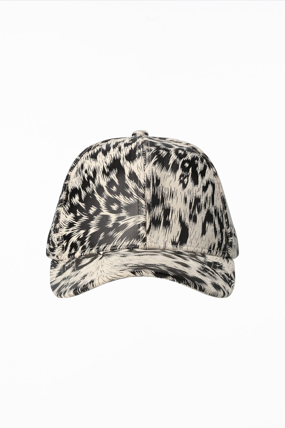 Front view of the White Cheetah Cap showing the curved brim and cheetah print panels