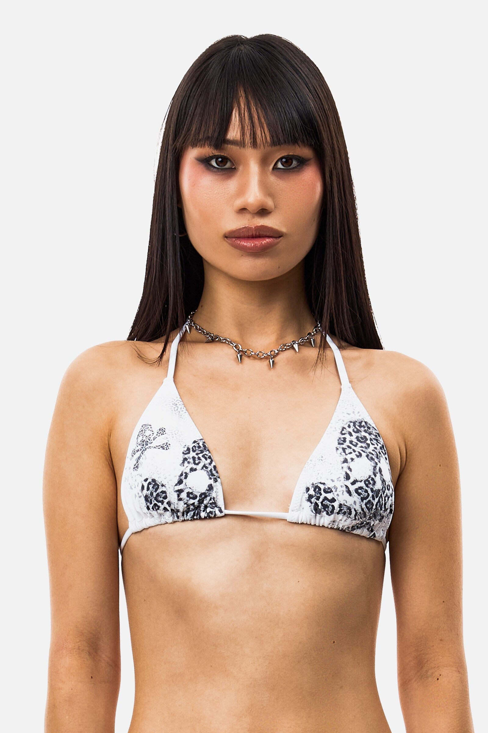 Cheetah Skull Bikini - white leopard skull print triangle top, front view