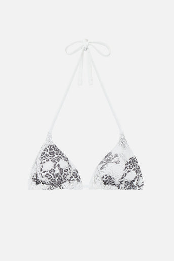 Cheetah Skull Bikini Top - white leopard skull print triangle top, flat lay