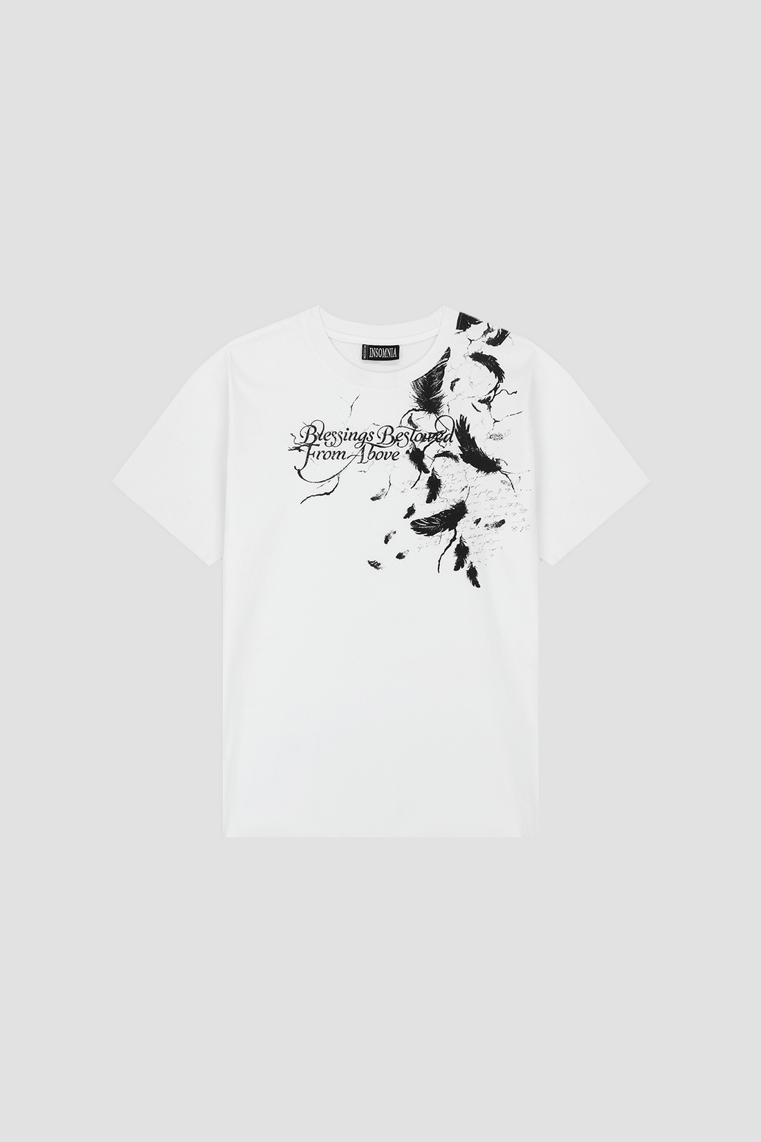 Front of the White Feather Tee with black feather graphic and script print