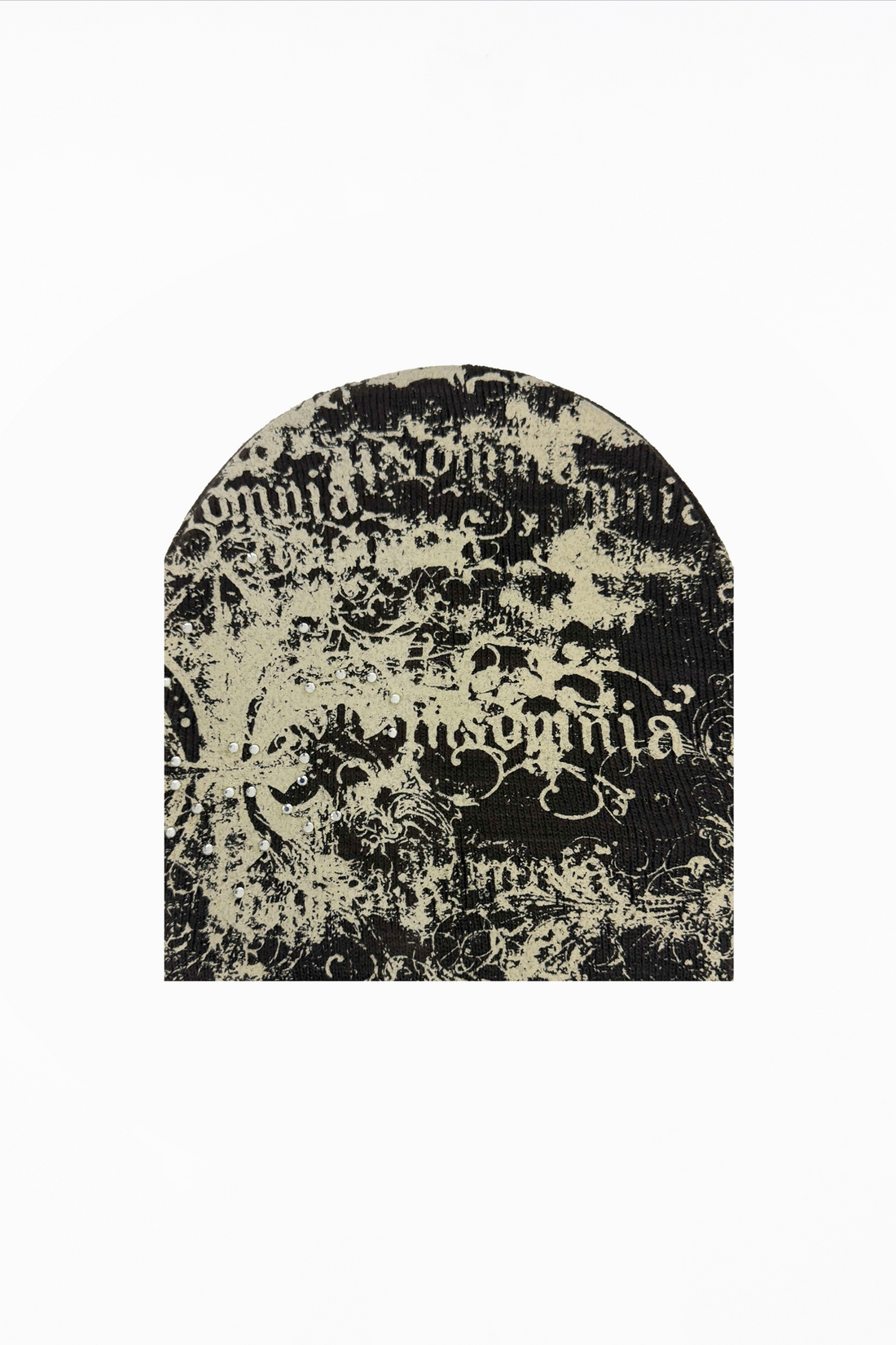 Tan Fleur Beanie laid flat, black and cream distressed print with Insomnia gothic script