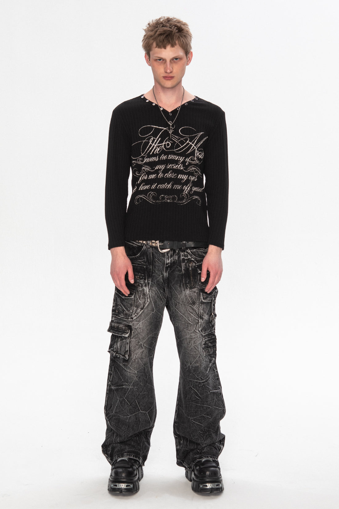 Full-length view of the Moon Ribbed Long Sleeve styled with grey washed cargo jeans