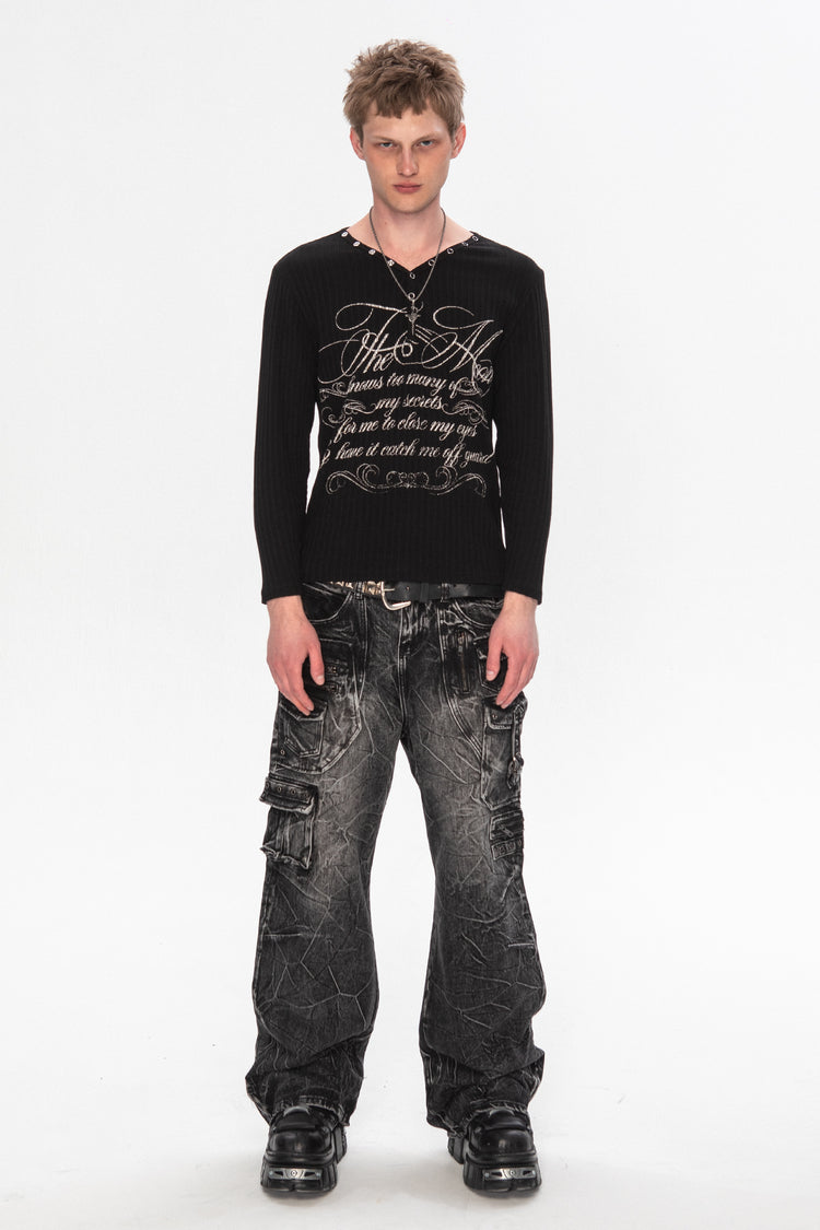 Full-length view of the Moon Ribbed Long Sleeve styled with grey washed cargo jeans