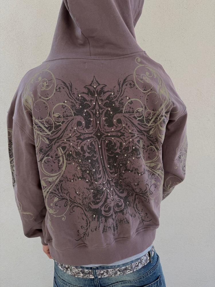 Back view of the hooded Brown Scripture Eclipse Zip Up Hoodie with cross print and rhinestones