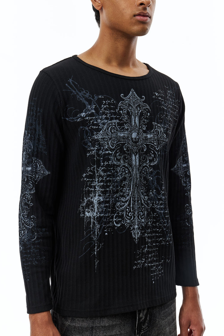 Angled view of the Scripture Ribbed Long Sleeve's ribbed knit and grey cross graphic
