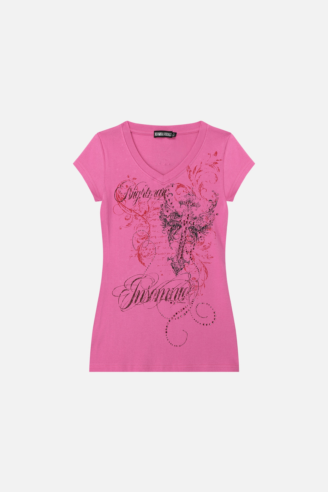 Pink Lovers V-Neck T-Shirt laid flat with red flourishes, black cross and Insomnia script