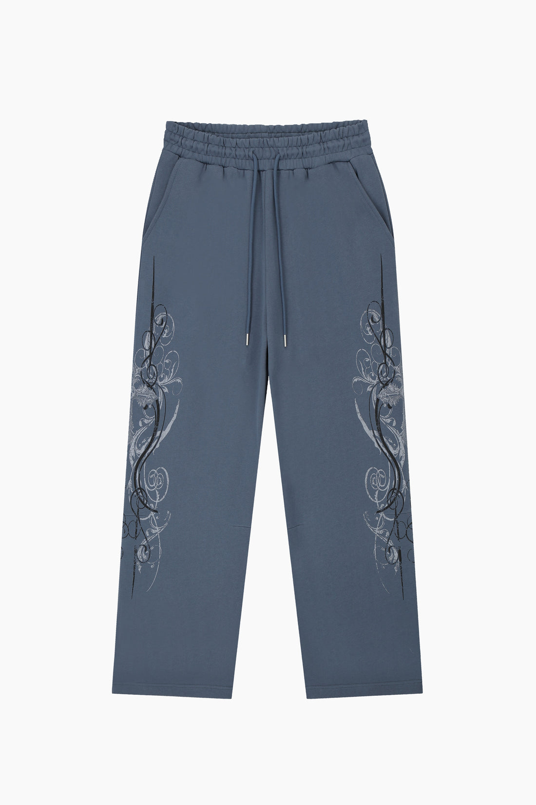 Front of the Midnight Blue Crux Sweatpants laid flat with embroidered side designs