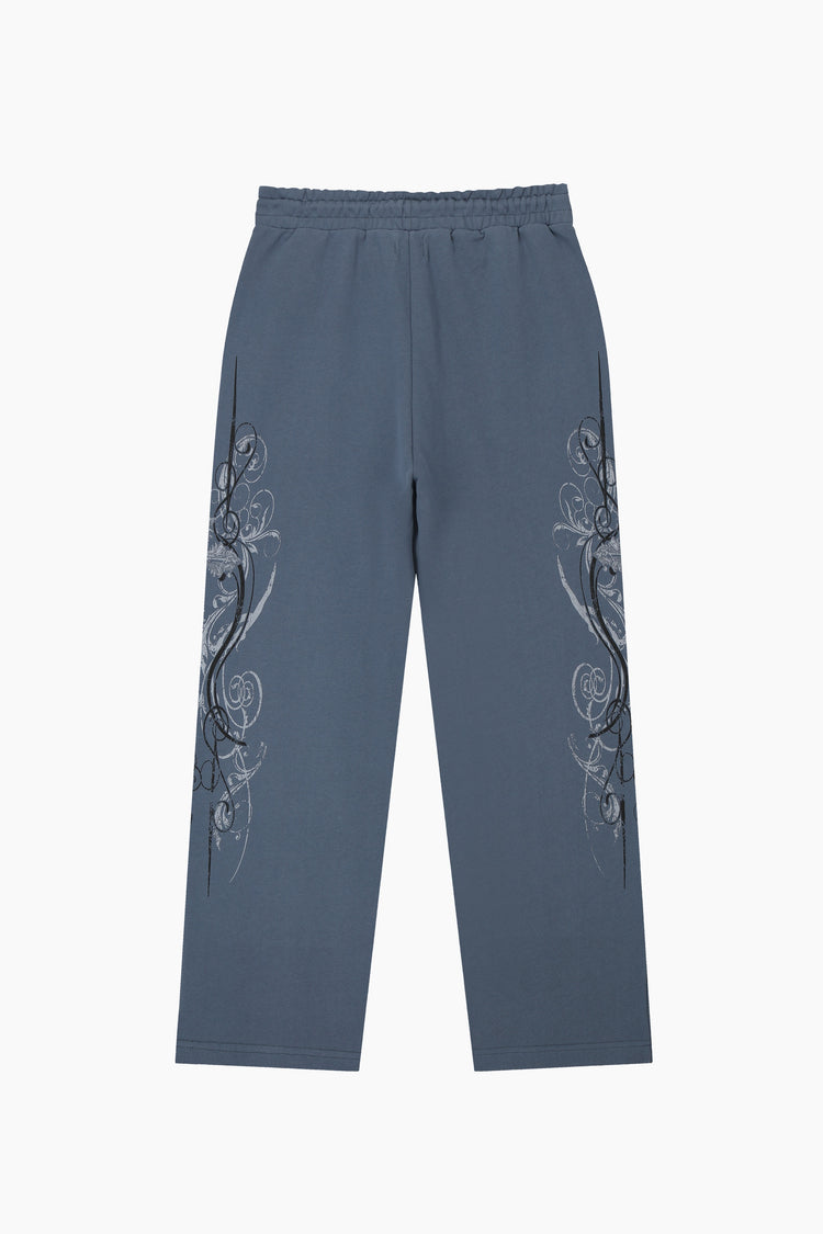 Back of the Midnight Blue Crux Sweatpants laid flat, wide straight legs
