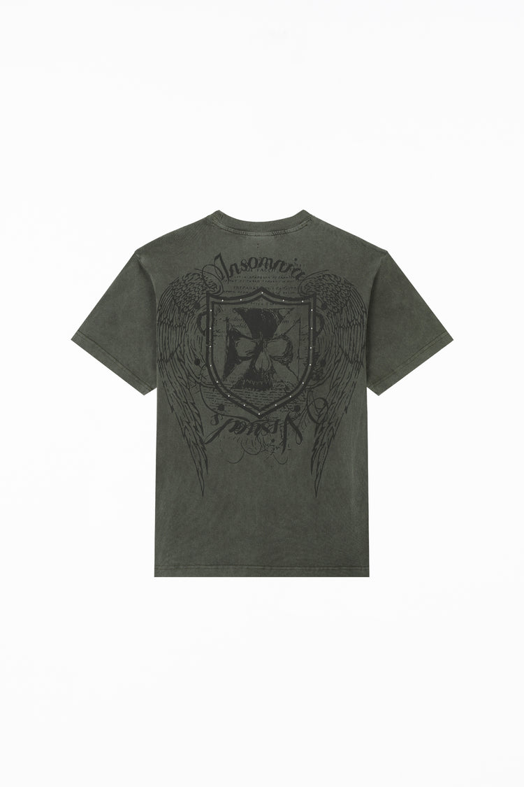 Back of the Studded Wings Tee laid flat, showing the shield crest and wing print