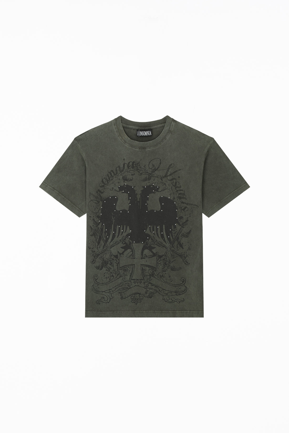 Front of the washed olive Studded Wings Tee laid flat, with black eagle graphic