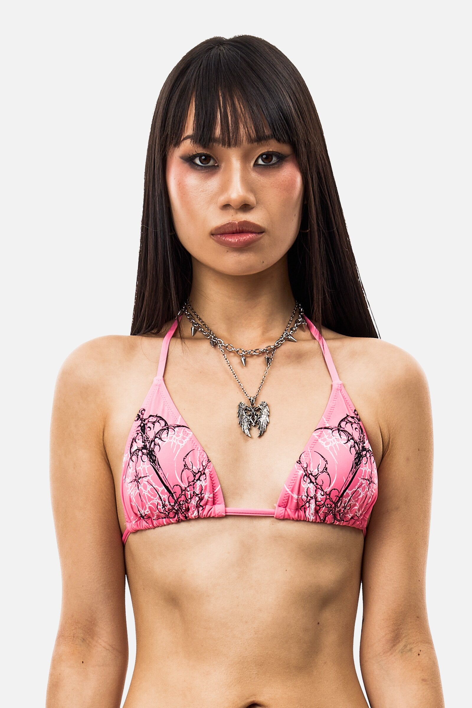Pink Sigil Bikini - pink cross and barbed sigil print triangle top, front view