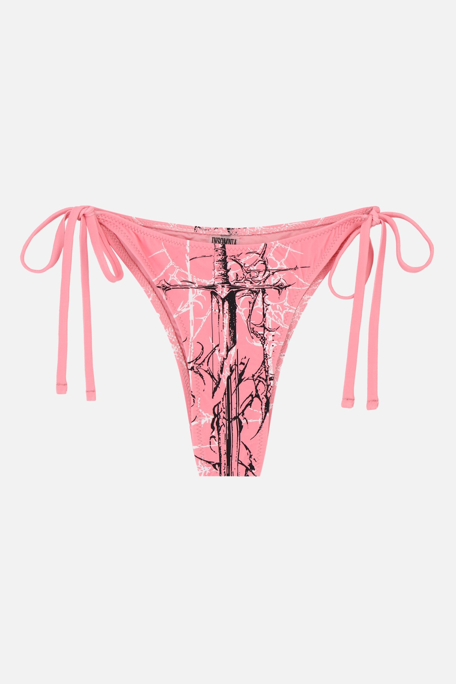 Pink Sigil Bikini Bottom - pink cross and barbed sigil print tie-side bottom, flat lay