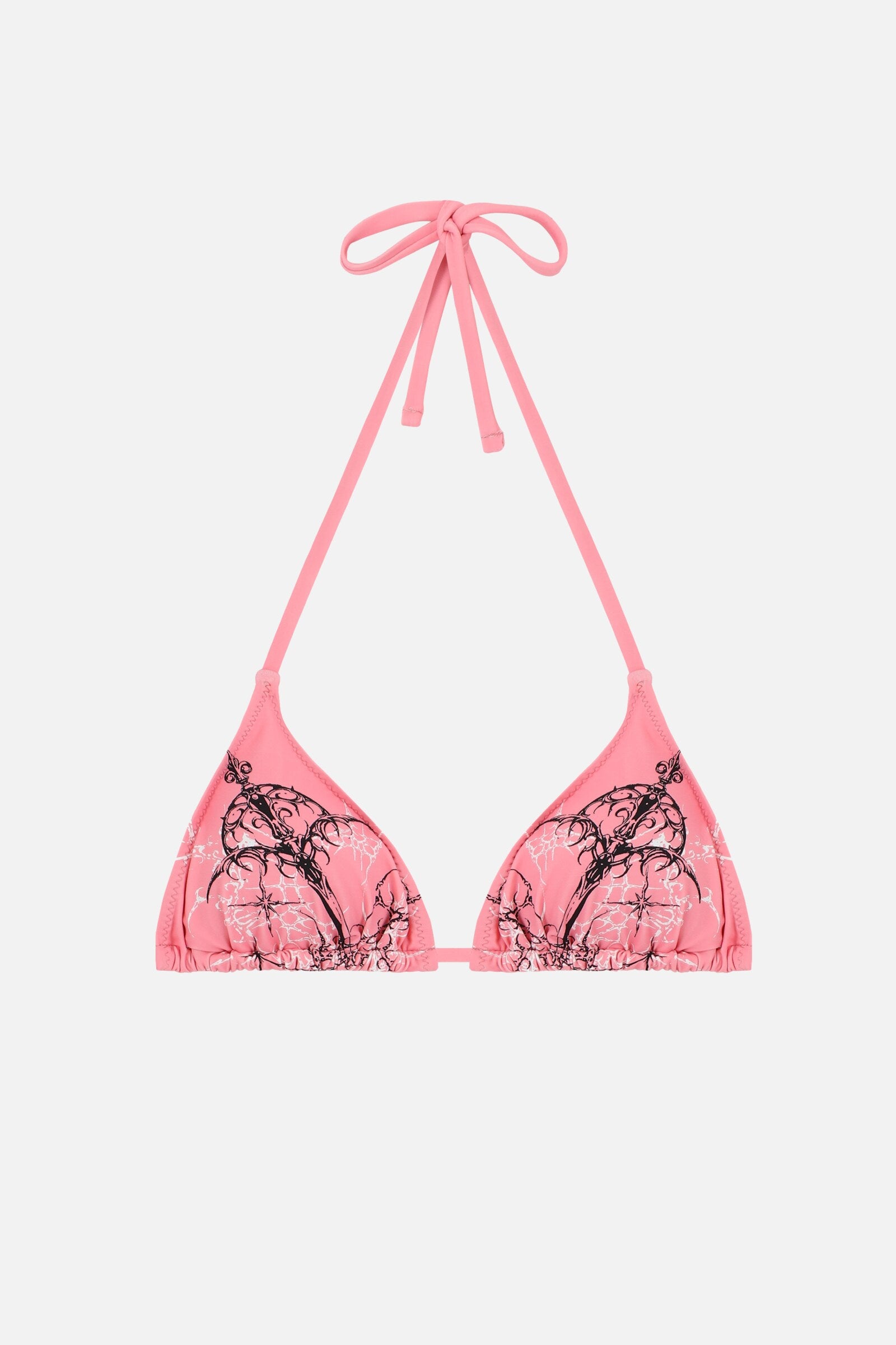 Pink Sigil Bikini Top - pink cross and barbed sigil print triangle top, flat lay