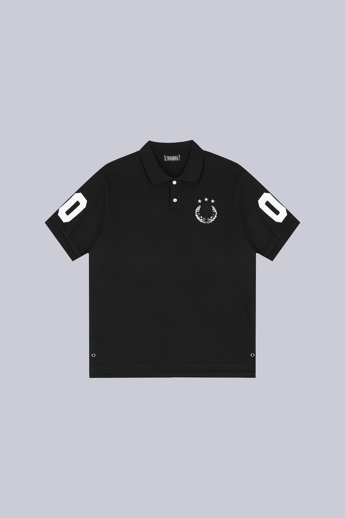Black Prestige Polo laid flat, front view, with laurel crest and 00 sleeve numbers