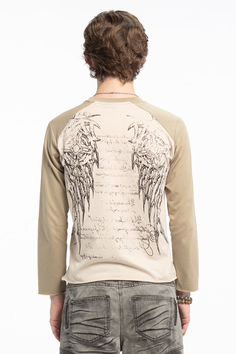 Back view of the Reaper Raglan Long Sleeve showing the large angel wings and script print
