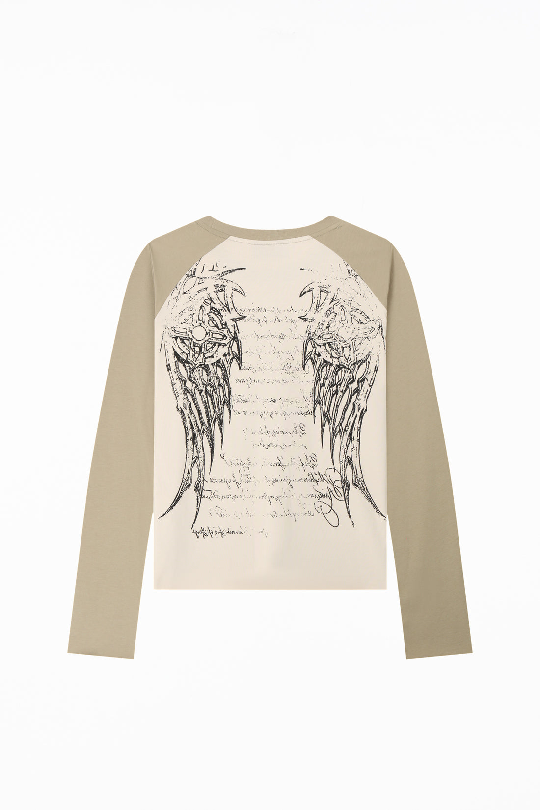 Back of the Reaper Raglan Long Sleeve laid flat, showing angel wings over handwritten script