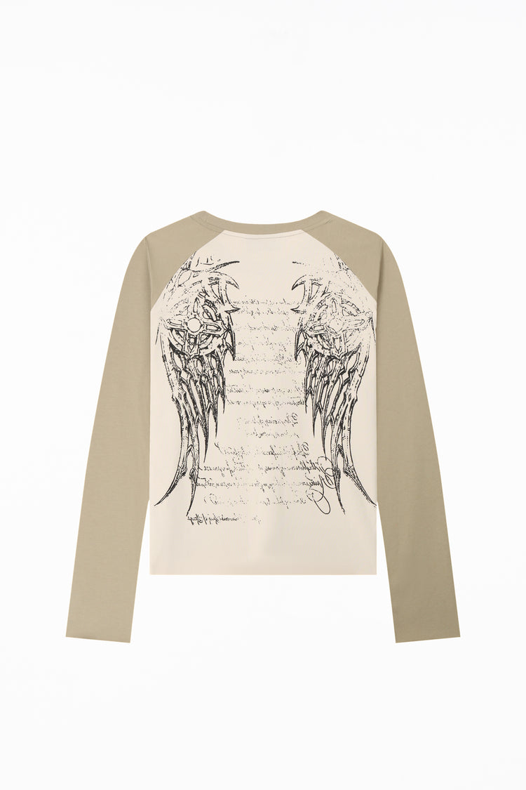 Back of the Reaper Raglan Long Sleeve laid flat, showing angel wings over handwritten script