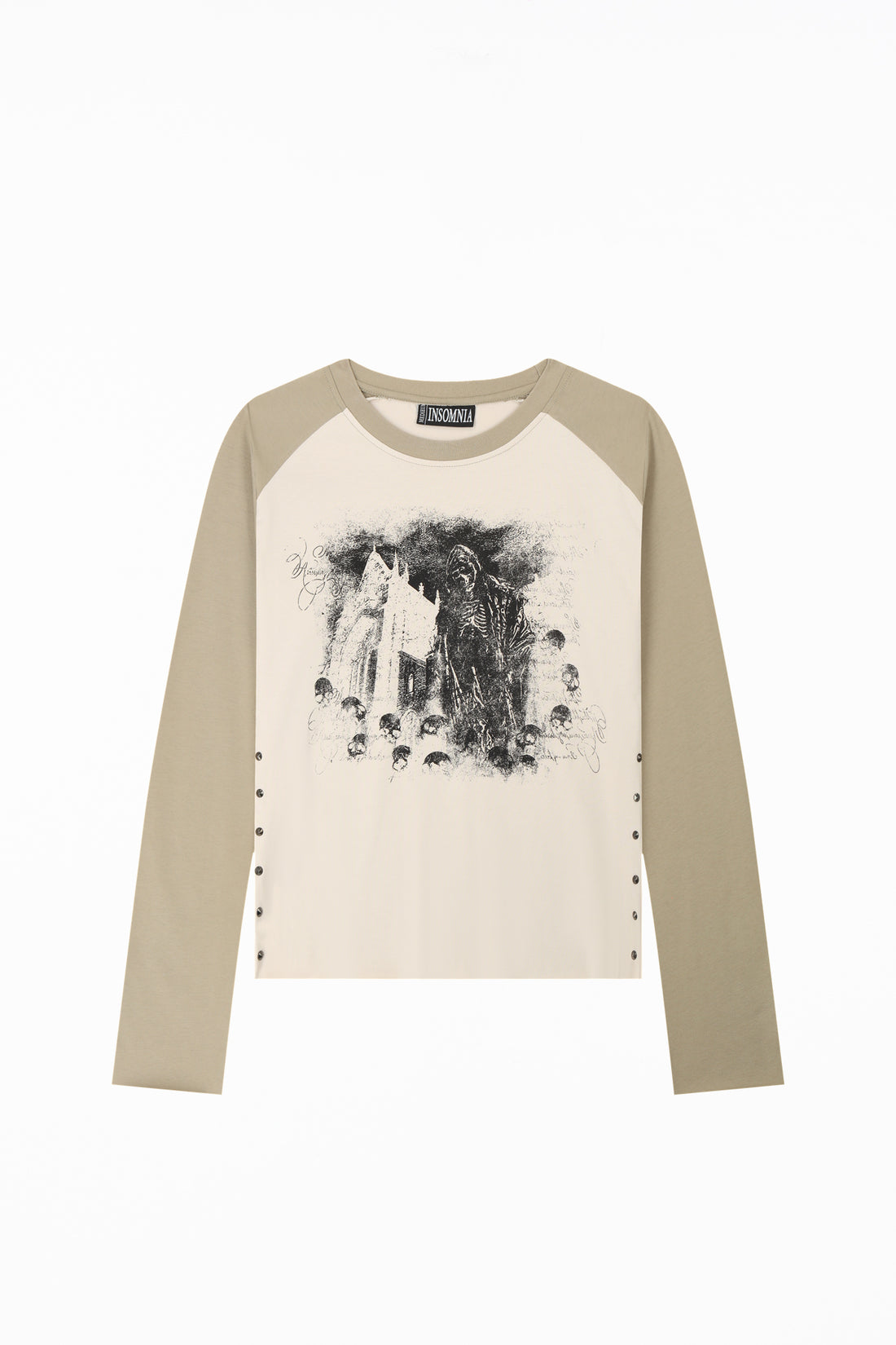 Front of the Reaper Raglan Long Sleeve laid flat, with beige raglan sleeves and stud details