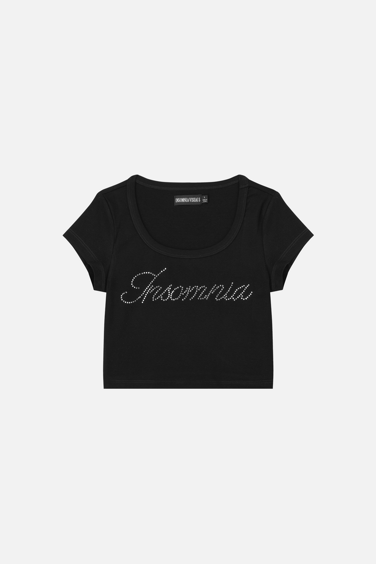 Black Rhinestone Cursive Tee laid flat, cropped fit with rhinestone Insomnia script