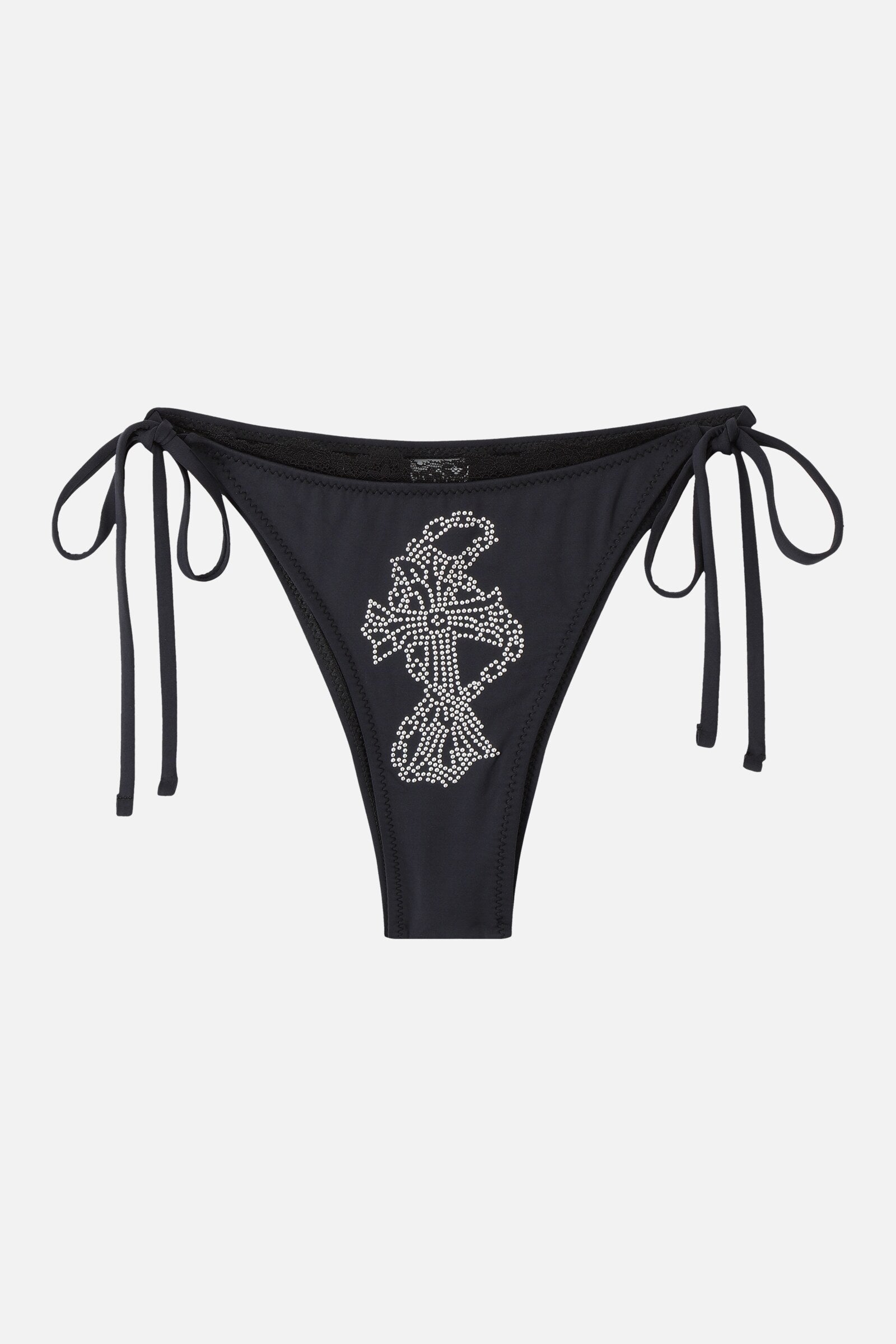 Rosary Rhinestone Bikini Bottom - black rhinestone cross print tie-side bottom, flat lay