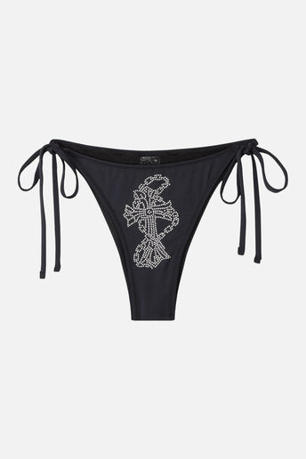 Rosary Rhinestone Bikini Bottom - black rhinestone cross print tie-side bottom, flat lay