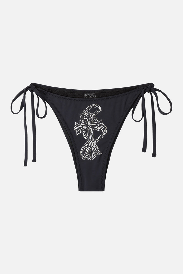 Rosary Rhinestone Bikini Bottom on its own, black tie-side with rhinestone rosary cross